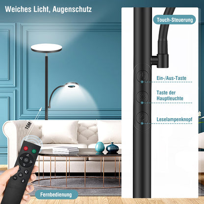 Moderne LED Deckenfluter Stehlampe – dimmbar mit Leselampe