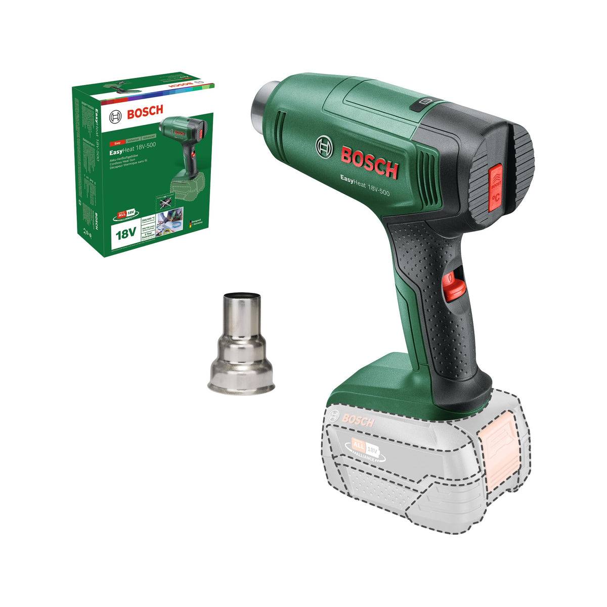 Bosch EasyHeat 18V-500 Akku-Heissluftgebläse inkl. Reduzierdüse. Blau, pistolenförmig. Erzeugt gezielte Heissluft zum Verformen und Schrumpfen.