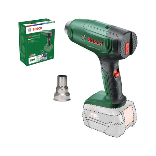 Bosch EasyHeat 18V-500 Akku-Heissluftgebläse inkl. Reduzierdüse. Blau, pistolenförmig. Erzeugt gezielte Heissluft zum Verformen und Schrumpfen.