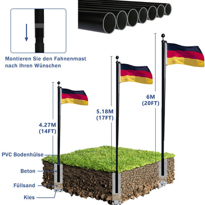 NQ Fahnenmast Set 6 m, Aluminium, höhenverstellbar, schwarz