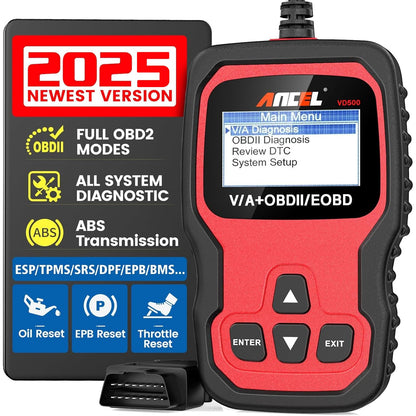 ANCEL VD500Pro OBD2 Fehlerdiagnosegerät für VAG – Deutsch. Kompaktes, schwarzes Gerät mit Display zum Lesen/Löschen von VAG-Fehlercodes.
