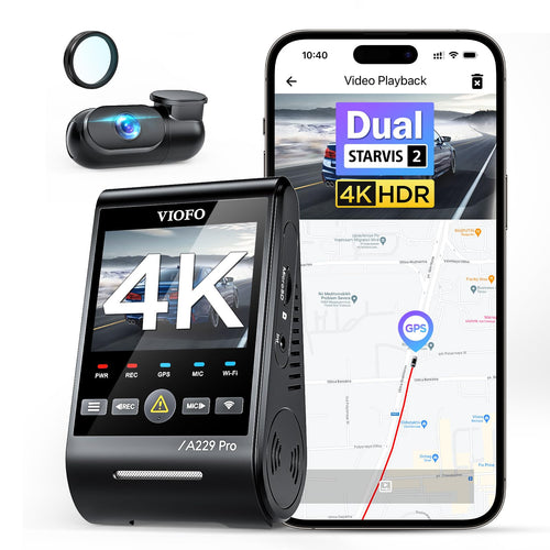 VIOFO A229 Pro 4K/2K Dual Dashcam - STARVIS 2, GPS, CPL. Kompakt, schwarz. Zeichnet Fahrten hochauflösend für Sicherheit auf.
