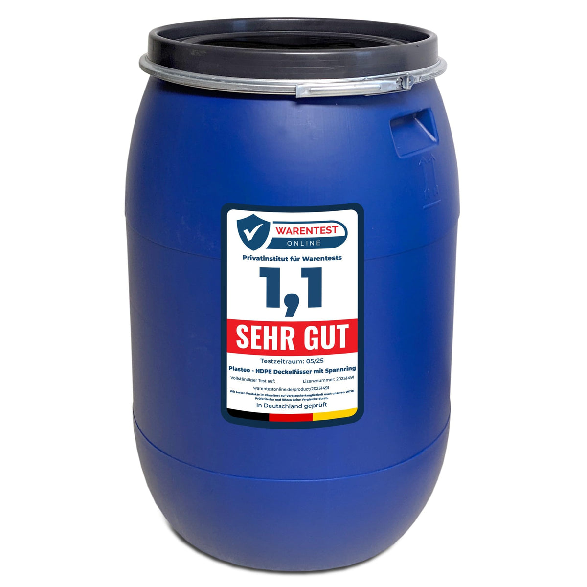 plasteo Weithalsfass 220 Liter mit Spannring - Lebensmittelecht Blau. Zur Lagerung und Transport flüssiger Produkte.