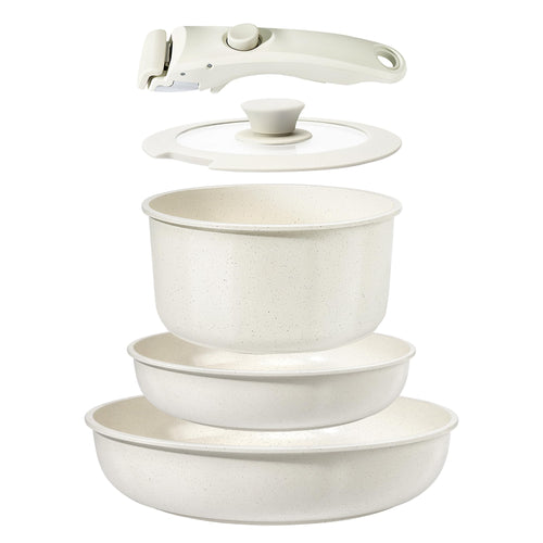 GiPP Topf- und Pfannenset Keramik, abnehmbarer Griff, Induktion in Weiss, stapelbares Set