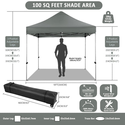 COBIZI Pop-Up Pavillon 3×3 m, wasserdicht, mit Seitenwand & Tasche, Grau