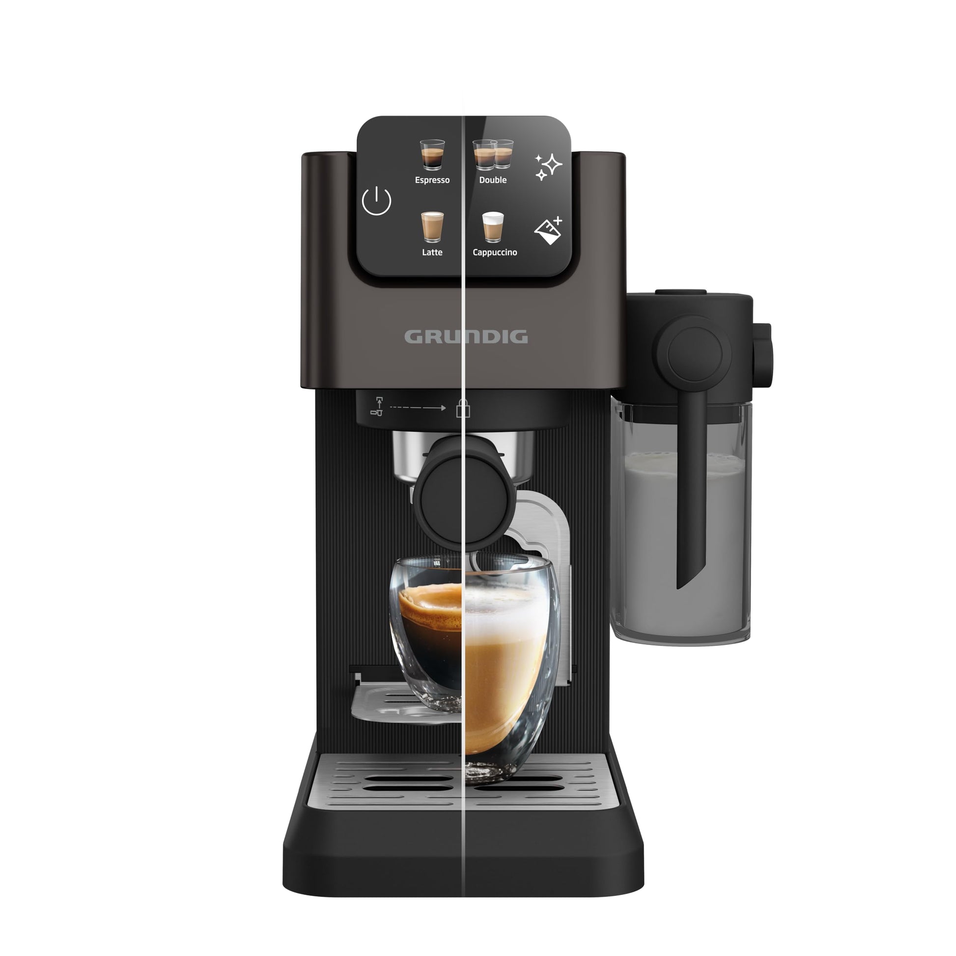 GRUNDIG KSM 5330 Siebträgermaschine mit Milchsystem Dark Inox/Schwarz. Maschine in Dark Inox/Schwarz für Espresso und Milchschaum.