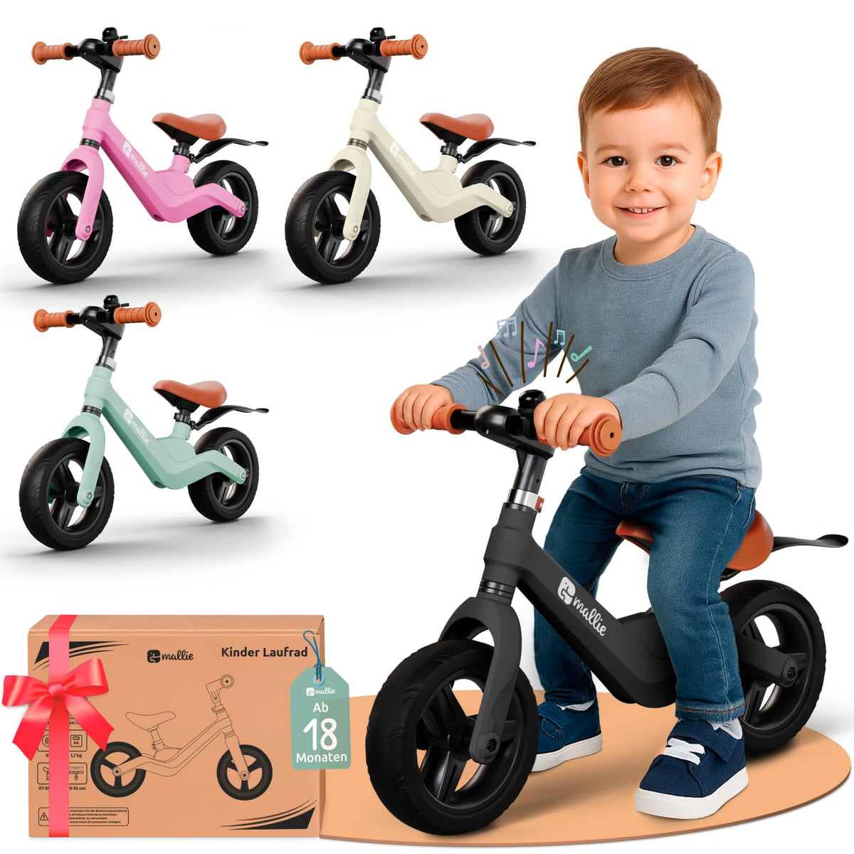 Mallie Kinder Laufrad ab 2 Jahre mit Klingel und Spritzschutz