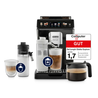 De’Longhi Eletta Explore Perfetto Kaffeevollautomat – Dunkelgrau. Kompakter Automat für vielfältige Heiß- und Kaltgetränke.
