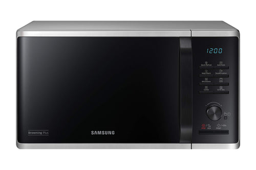 Samsung MG2AK3515AS/EG Mikrowelle mit Grill 23l – Silber. Rechteckiges Gerät zum Erwärmen und Grillen von Speisen.