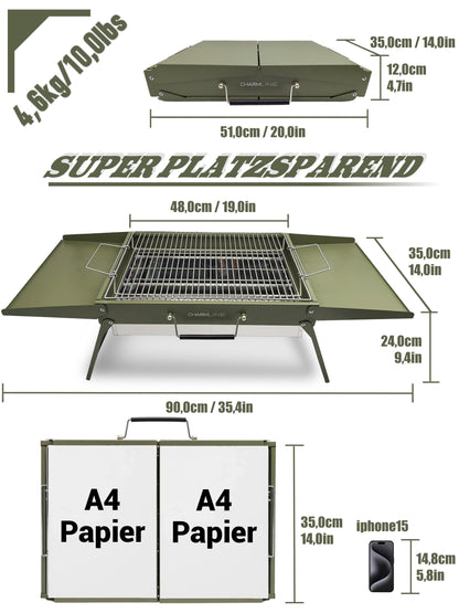 Charmline Holzkohlegrill, klappbarer Campinggrill 51 x 35 cm, Grün