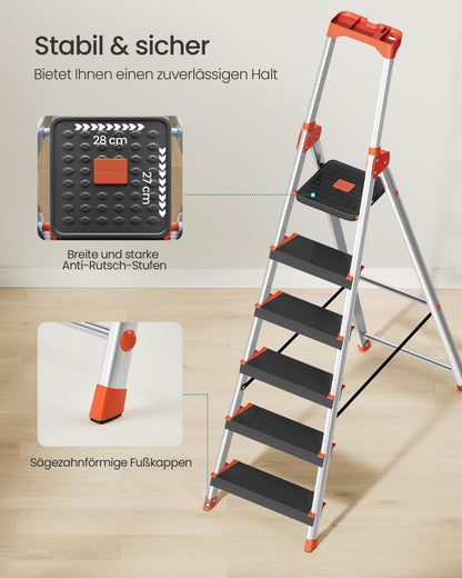 SONGMICS Aluleiter GLT06BK, 6 Stufen, Handlauf, bis 150 kg