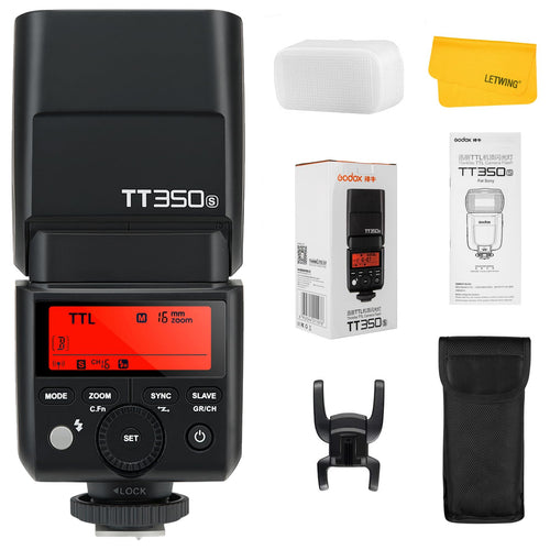 Godox TT350S Aufsteckblitz TTL HSS für Sony Mirrorless Kameras. Schwarzer, kompakter Blitz mit schwenkbarem Reflektor für präzise zusätzliche Belichtung.