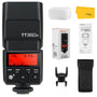 Godox TT350S Aufsteckblitz TTL HSS für Sony Mirrorless Kameras. Schwarzer, kompakter Blitz mit schwenkbarem Reflektor für präzise zusätzliche Belichtung.