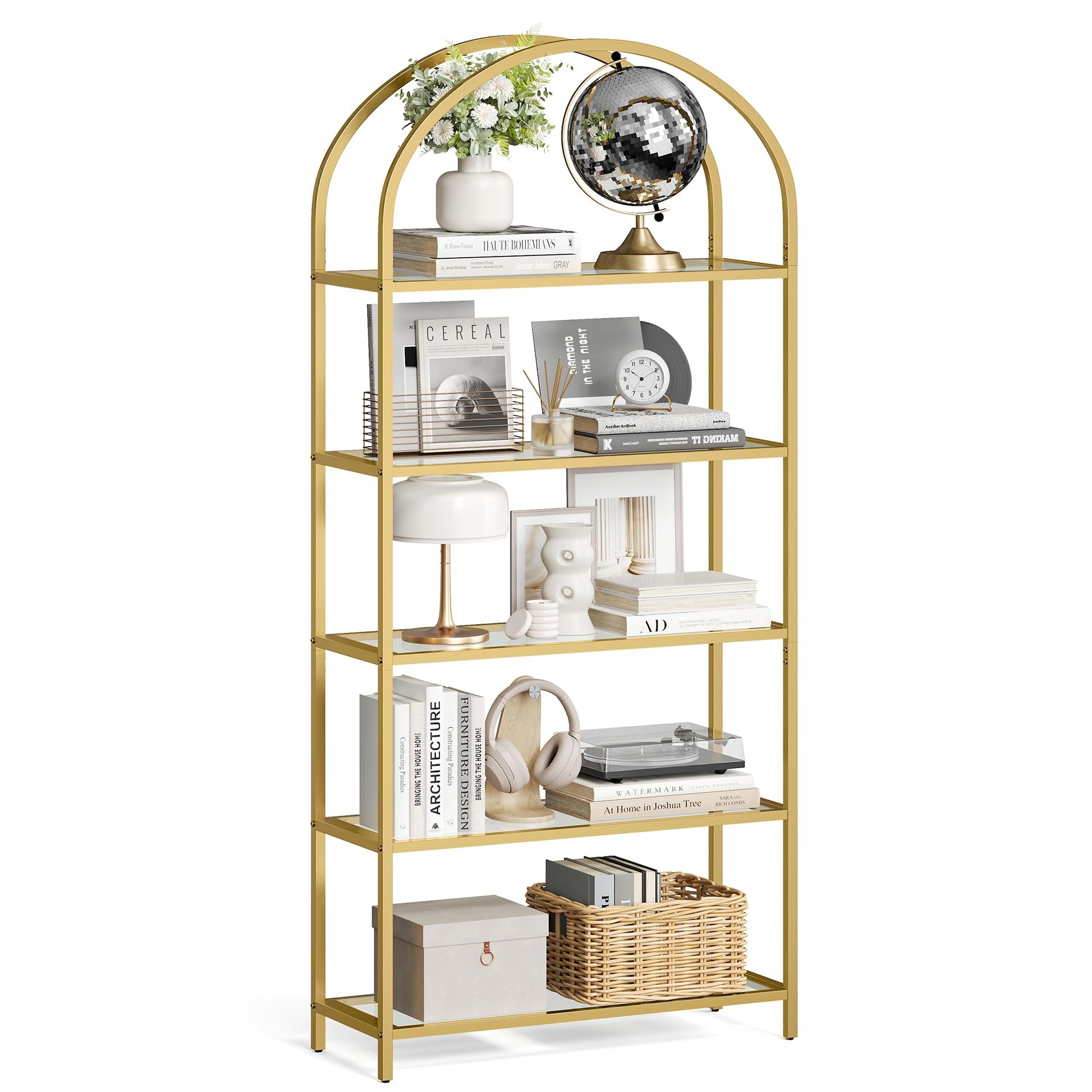 VASAGLE LGT050A01 Bücherregal: Rechteckiges Regal aus goldfarbenem Metall und transparentem Hartglas zur Buchaufbewahrung.