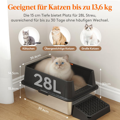 Lifewit Edelstahl Katzenklo Offen XXL – 60x40x30 cm Schwarz