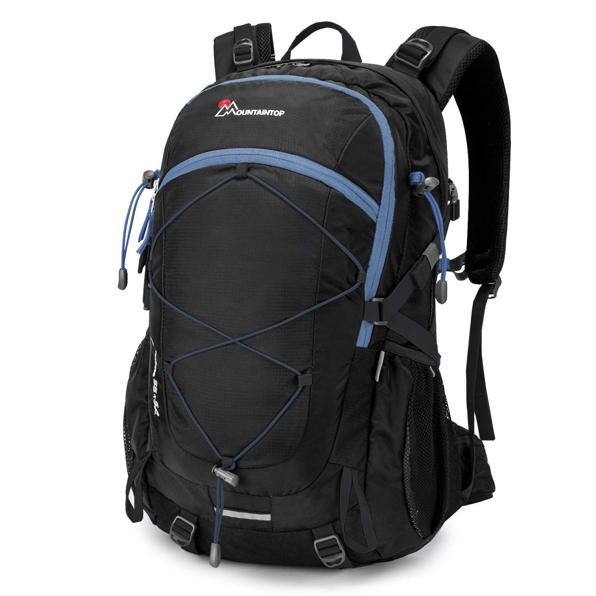 Mountaintop 40L Wanderrucksack mit Regenhülle, Schwarz-Blau, 420D-Nylon, Netz-Seitentaschen