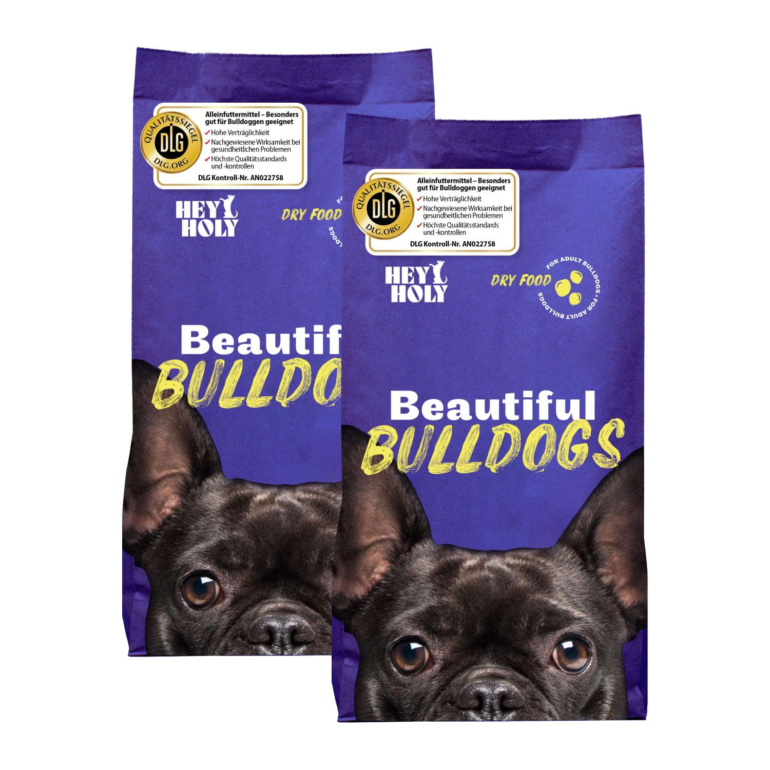 HEY HOLY Trockenfutter Bulldoggen Getreidefrei Lachs 14kg. Kleine, braune Pellets. Alleinfuttermittel für getreideempfindliche Bulldoggen mit Lachs.