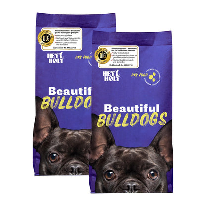 HEY HOLY Trockenfutter Bulldoggen Getreidefrei Lachs 14kg. Kleine, braune Pellets. Alleinfuttermittel für getreideempfindliche Bulldoggen mit Lachs.