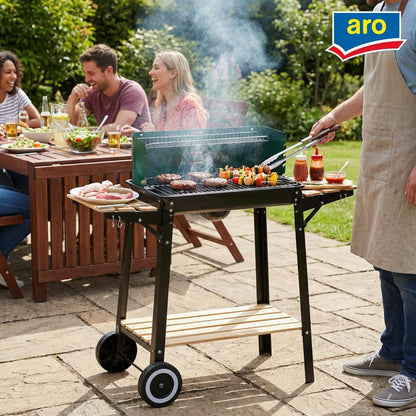 aro Holzkohlegrill Grillwagen mit 2 Grillrosten und Windschutz, grün