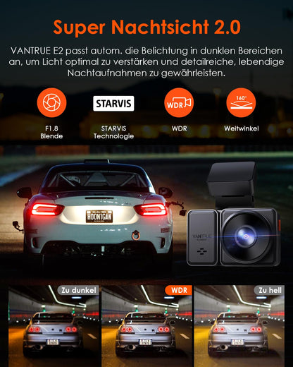 VANTRUE E2 Dual Dashcam 2.7K vorne und hinten, WLAN, GPS, Nachtsicht