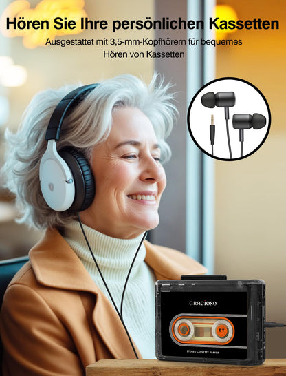 Gracioso 311 Kassettenspieler mit Bluetooth, Akku und Kopfhörer