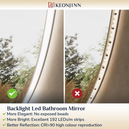 Keonjinn Badspiegel mit Beleuchtung rund 60 cm, beschlagfrei, dimmbar