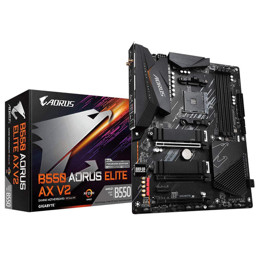 GIGABYTE B550 AORUS ELITE AX V2 Mainboard für AMD Wi-Fi 6E. Schwarze ATX-Platine mit Kühlkörpern. Verbindet CPU, RAM und Erweiterungskarten für PCs.