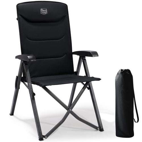 TIMBER RIDGE Campingstuhl Faltbar Alu Hohe Lehne Schwarz. Ein schwarzer Klappstuhl mit hoher Rückenlehne, ideal für Outdoor-Einsatz.