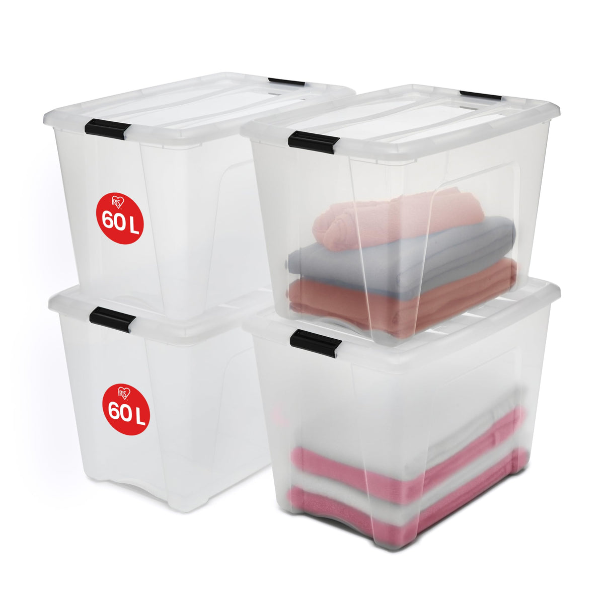 Iris Ohyama Aufbewahrungsbox mit Deckel NTB-60, 60 L, 4er-Set, transparent und stapelbar