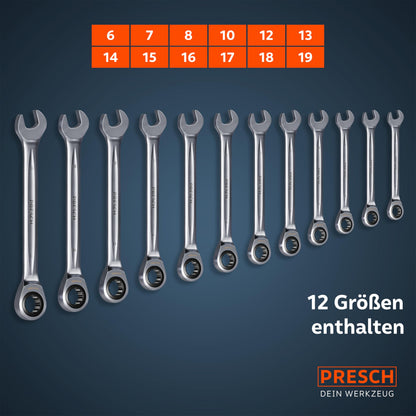 PRESCH Ringratschenschlüssel-Set 12-teilig, 6-19 mm, umschaltbar