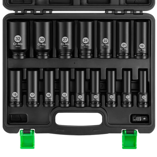Ginour Schlagschrauber-Nüsse-Set 1/2 Zoll, 17-teilig, 10-32 mm, CR-Mo – Sechskant-Kraftnüsse im Aufbewahrungskoffer