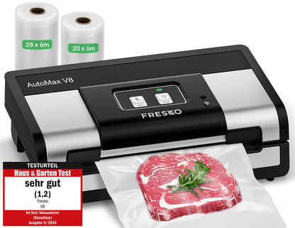 FRESKO Vakuumiergerät Automatik - 18L/min Turbo Saugkraft. Schwarzes, rechteckiges Gerät zum luftdichten Versiegeln von Lebensmitteln.