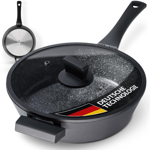 ZWIEGER Schmorpfanne Aluguss 28cm mit Deckel – Antihaft Induktion. Runde, schwarze Pfanne mit Deckel. Für induktives Schmoren und Braten.