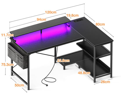Coleshome Gaming L-Schreibtisch 120x80cm – LED & Steckdosen Schwarz