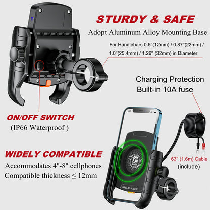 BRCOVAN M9S Motorrad-Handyhalterung mit Qi 15W Ladegerät, USB-C