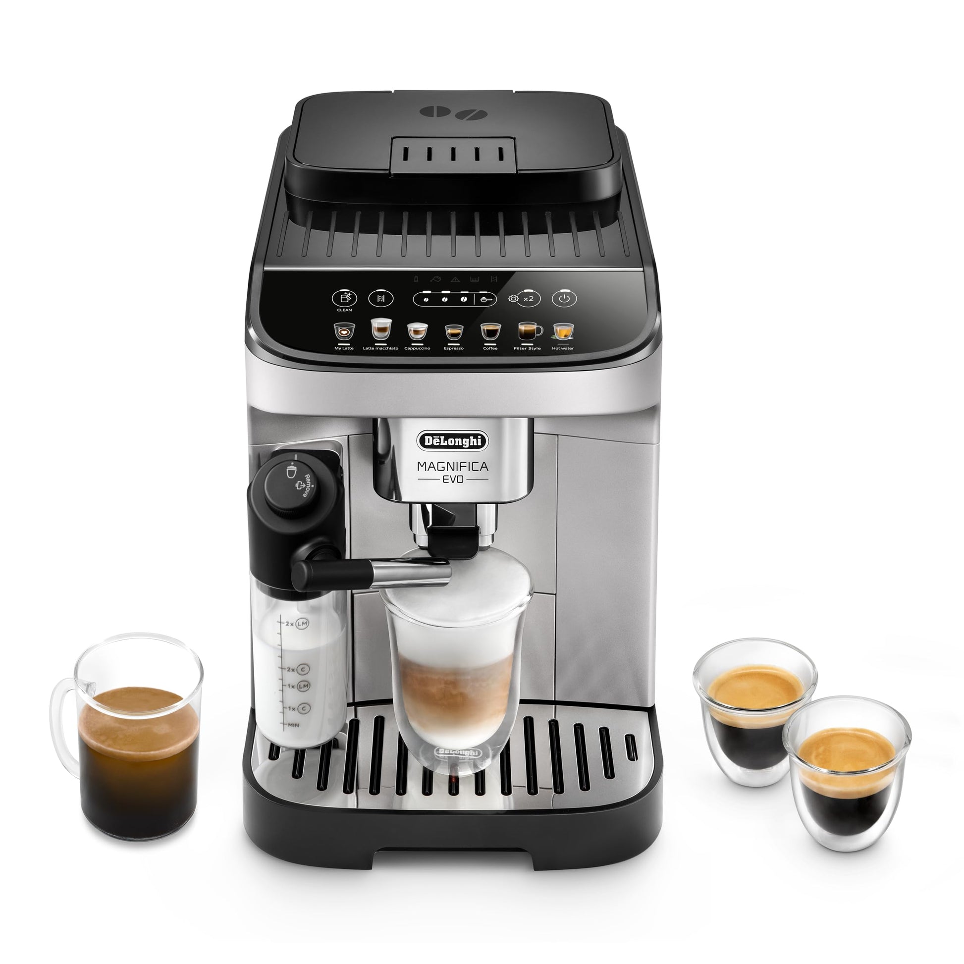De'Longhi Magnifica Evo Kaffeevollautomat - ECAM292.81.SB Silber/Schwarz. Silber/schwarzes Gerät. Bereitet Espresso, Kaffee & Milchgetränke One-Touch.