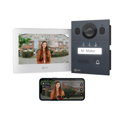 Goliath Basic Video Türsprechanlage – 7 Zoll 1 Familie AV-BLS-04A: Schwarzer Monitor u. Kamera-Außenstation z. Türkommunikation.