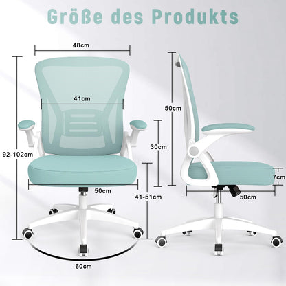 naspaluro Bürostuhl mit Verstellbaren Armlehnen, Ergonomischer Schreibtischstuhl mit Netzbespannung, Lordosenstütze, Höhenverstellbarer, Gepolstertem Sitzkissen, 360° Drehstuhl, Grün
