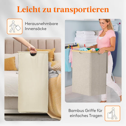 Lifewit Wäschekorb Bambus mit Deckel, 160 L, 2 Fächer, beige