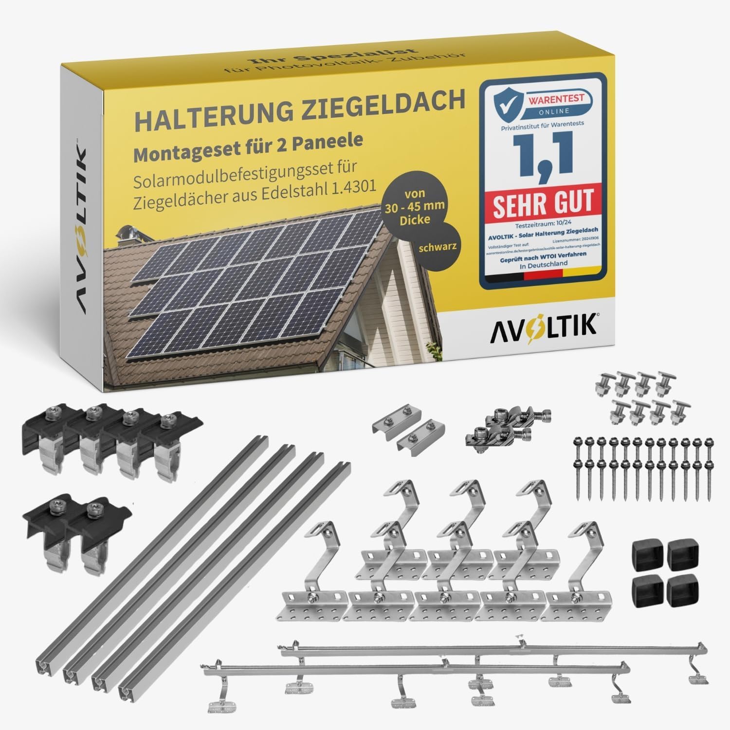 Avoltik Solar Halterung Ziegeldach Montageset - 2 Module (30-45mm): Silbergraue Dachhaken, Montageschienen und Klemmen zur Modulmontage auf Ziegeldächern.