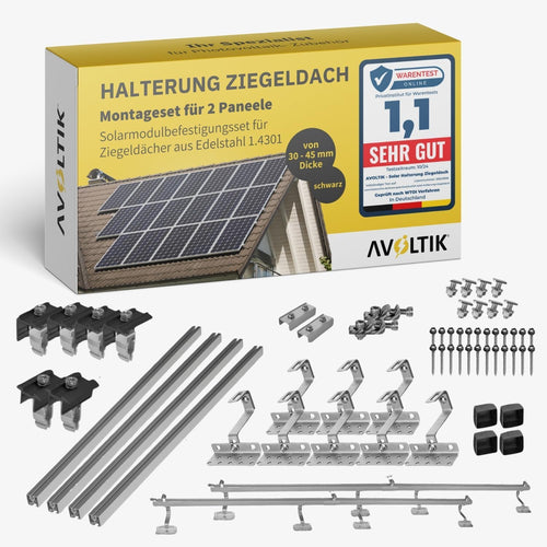 Avoltik Solar Halterung Ziegeldach Montageset - 2 Module (30-45mm): Silbergraue Dachhaken, Montageschienen und Klemmen zur Modulmontage auf Ziegeldächern.