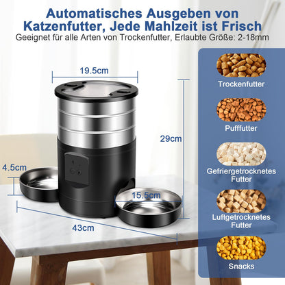 Automatischer Futterautomat Katze 5L – WiFi Edelstahl, 2 Näpfe