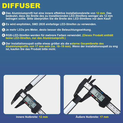 Molfanco LED Aluminium Profil 12 x 1 m, schwarz, mit Abdeckung