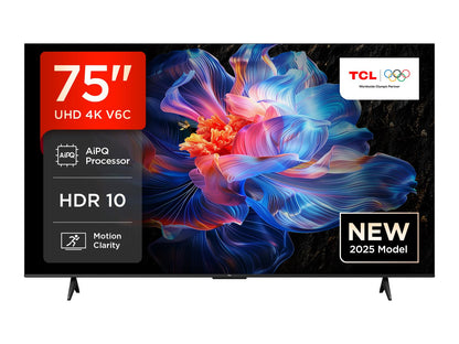 TCL 75V6C 75 Zoll 4K HDR Direct LED Smart TV Google TV. Schwarzer 75 Zoll Flatscreen. Zeigt 4K HDR für Streaming & Heimkino.