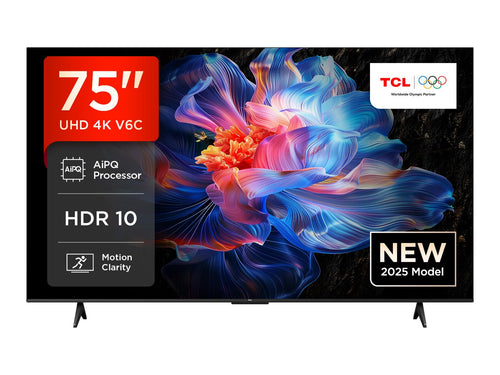 TCL 75V6C 75 Zoll 4K HDR Direct LED Smart TV Google TV. Schwarzer 75 Zoll Flatscreen. Zeigt 4K HDR für Streaming & Heimkino.