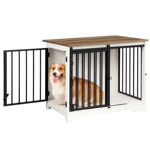 Hzuaneri Moderne Hundebox Möbel 81cm – Holz Weiss Braun. Rechteckige Holzbox, weiß-braun. Bietet Hunden Rückzugsort und dient als Wohnmöbel.