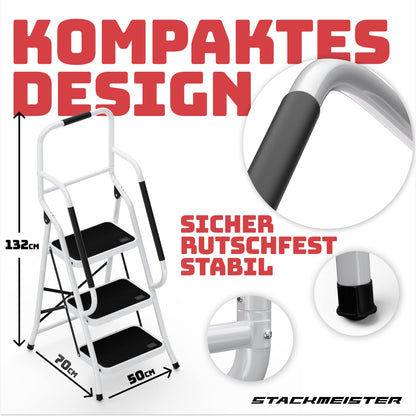 Sicherheitsleiter 3-Stufen klappbar mit Handlauf, Weiss – TÜV geprüft