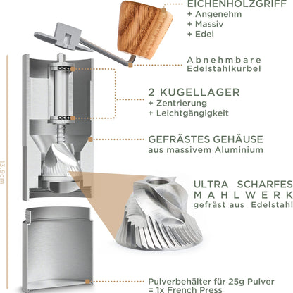 WALDWERK Manuelle Kaffeemühle - Edelstahl Kegelmahlwerk