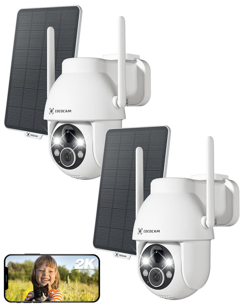 COCOCAM 2K Solar Überwachungskamera Aussen, WLAN Akku, 2er-Set mit Solarpanel und Schwenkfunktion