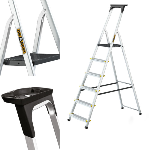 DRABEST PRO Serie Alu Stehleiter – 6 Stufen, klappbar. Alu-A-Leiter zum sicheren Arbeiten an erhöhten Stellen.